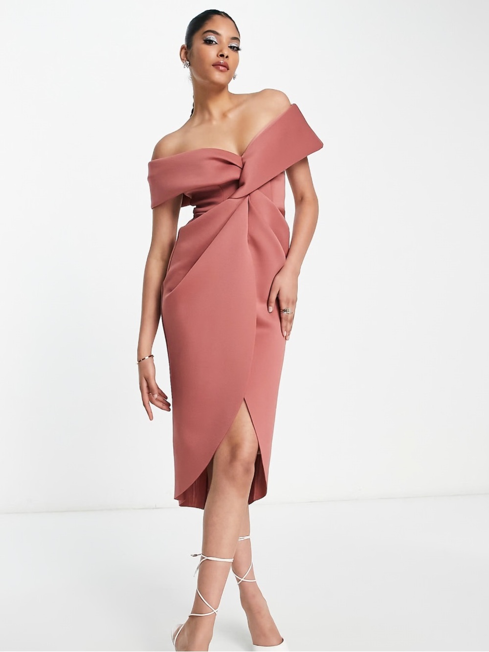NWT asos off shoulder Twist-Front Midi Dress in Dusty Rose, Size Small